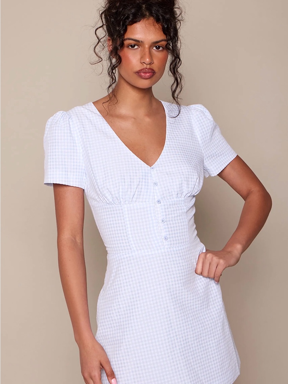 Pretty Little Thing Pale Blue Gingham V-Neck Mini Dress